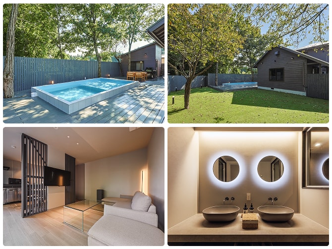 VILLA ONEの施設の写真4枚　屋外プールと芝生の庭を備えたモダンな住宅で、開放的なリビングダイニングと上質な洗面空間が広がる空間