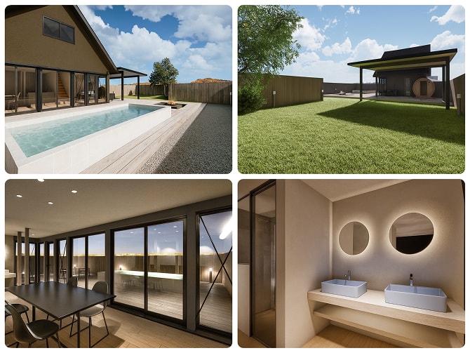 VILLA ONE SORAの施設の写真4枚　屋外プールと芝生の庭を備えたモダンな住宅で、開放的なリビングダイニングと上質な洗面空間が広がる空間